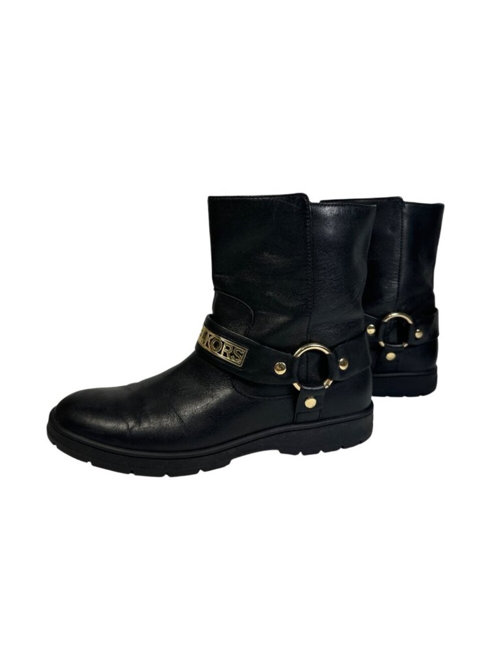 MICHAEL KORS ESSEX ICONIC BLACK GOLD LOGO MOTO BIKER BOOTS Size 7M - Picture 4 of 13
